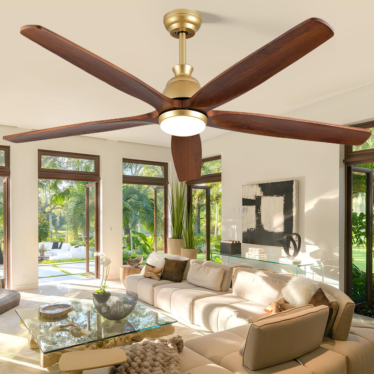 60 Inch Outdoor Ceiling Fan with Light and Remote, Gold Ceiling Fans with Lights, Solid Wood Blade, Quiet Reversible DC Motor, Damp-Rated Large Outdoor Ceiling Fans for Patios Porch Gazebo Farmhouse ShreeFindee