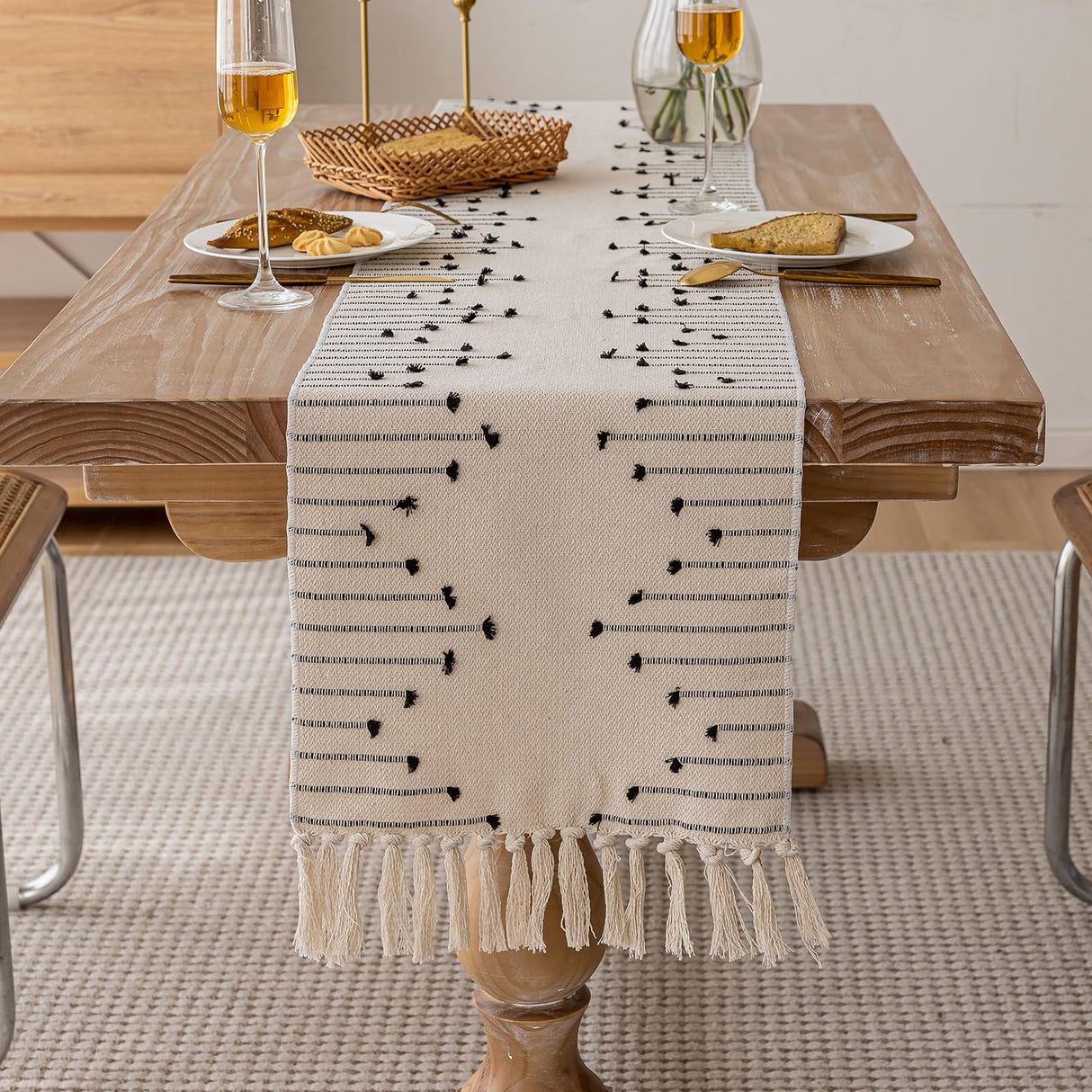 Joyfol Day Boho Table Runner, Farmhouse Stripe Cotton Table Runners with Tassels for Home Dining Table Decor, Rustic Natural Woven Dresser Scarf (Beige&Black,13 x 36 Inch) Joyfol Day