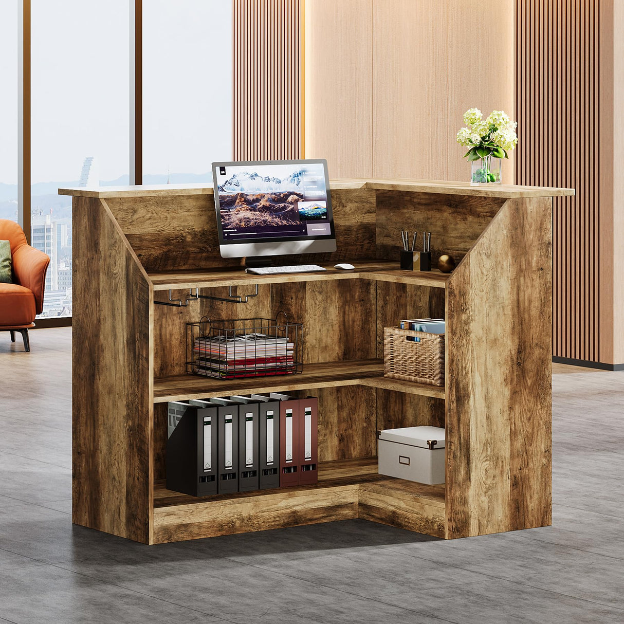 Tribesigns Reception Desk with Storage Shelves, L-Shaped Modern Front Desk, Reception Counter Table for Small Office, Salon, Checkout Office (Brown) Tribesigns
