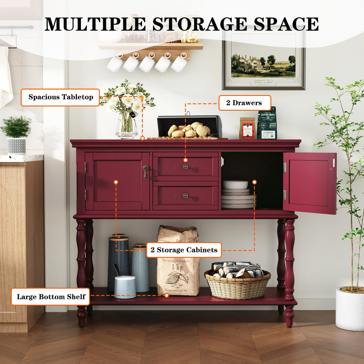 ARTPOWER Console Table with 2 Door, Open Storage Shelf and Retro Entryway Table with 2 Drawers Cabinets, Accent Table, Behind Couch Table for Living Room, Foyer and Hallway, Red ARTPOWER