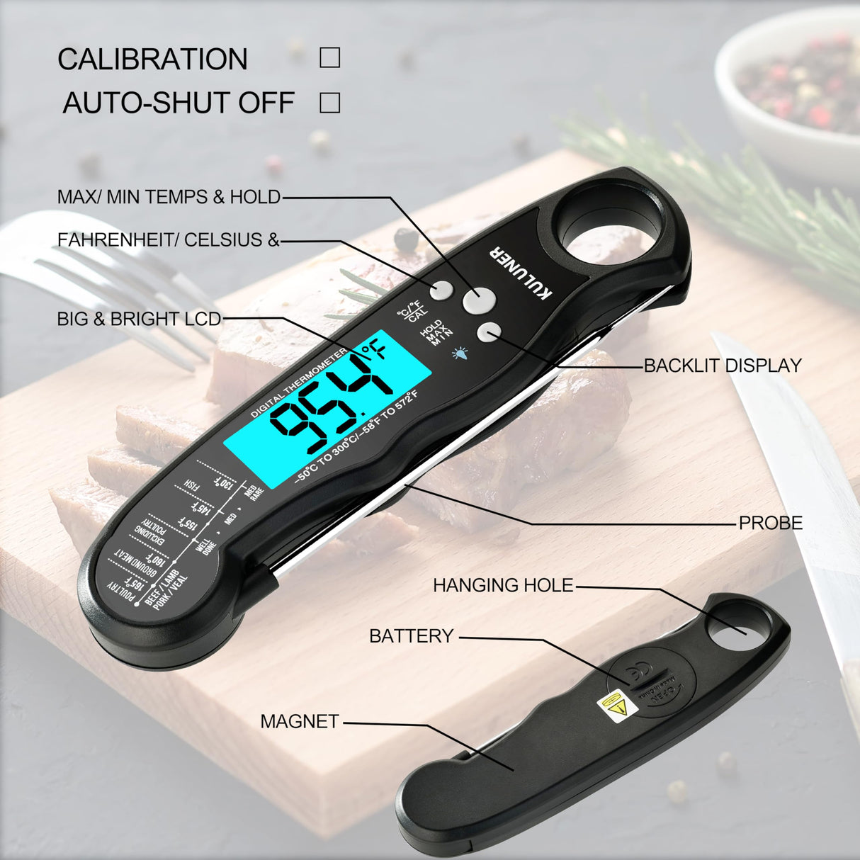 KULUNER TP-01 Waterproof Digital Instant Read Meat Thermometer with 4.6 Folding Probe Backlight Calibration Function for Cooking Food Candy, BBQ Grill, Liquids,Beef(Black) KULUNER