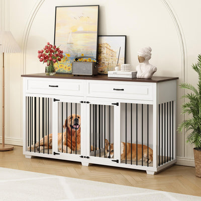 DAWNSPACES Dog Crate Furniture, 72 Inch Heavy Duty Wooden Large Dog Kennel with Drawers & Divider, Indoor Furniture Style Dog Crate with Double Rooms for Large Medium Small Dogs, White