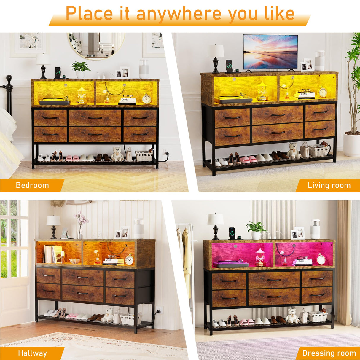 eiskah Dresser for Bedroom, 6 Drawers Led Dresser TV Stand with Power Outlets and LED Lights, Long Fabric Dressers Wide Chest of Drawers with Large Organizer Shoe Rack for Living Room, Entryway eiskah