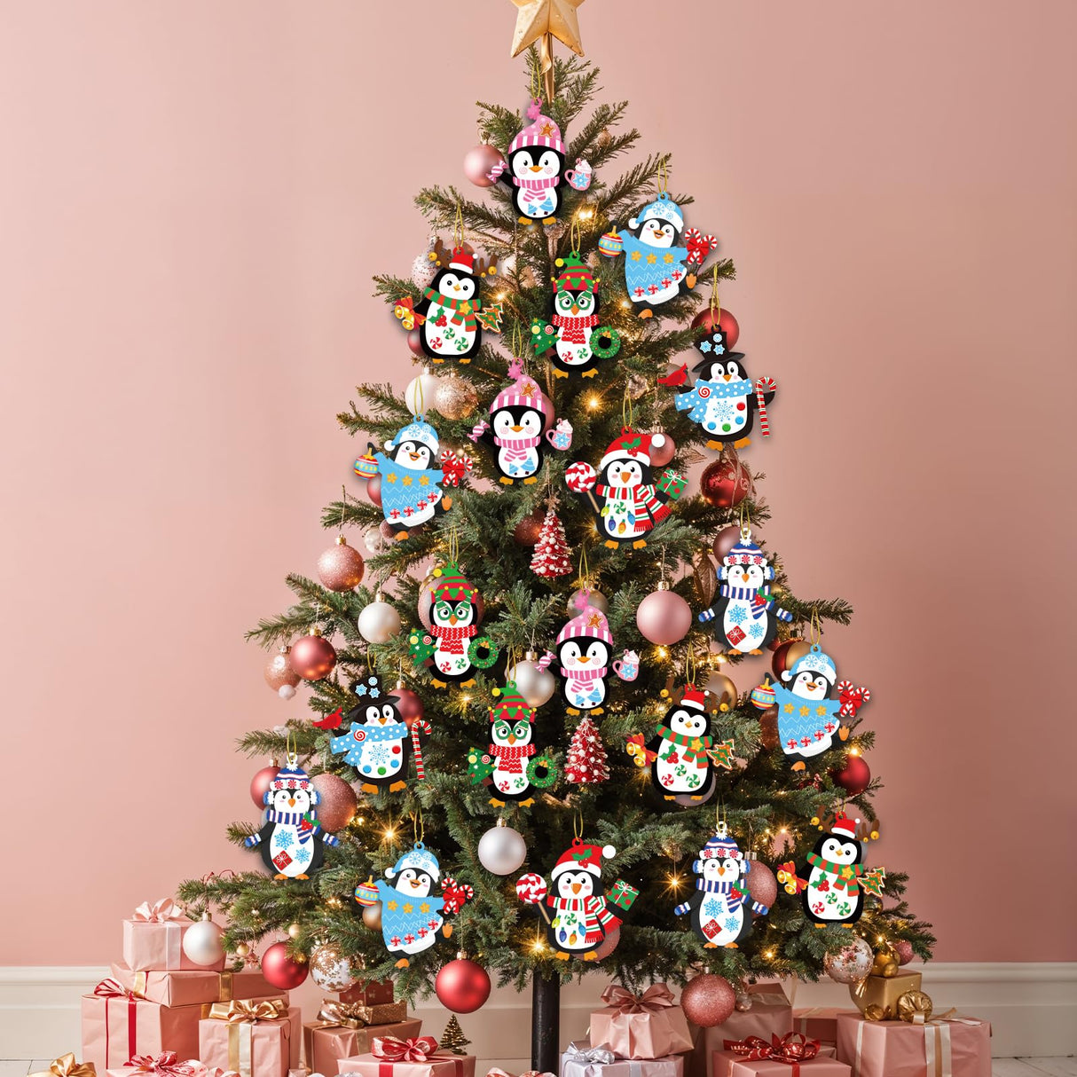 28 Pack Winter Christmas DIY Crafts Kit for Kids, Make Your Own Christmas Penguin Ornaments Stickers Cutouts Art Crafts Bulk for Kids Winter Holiday Xmas Home Class Art Game Activities Party Favors VABAMNA