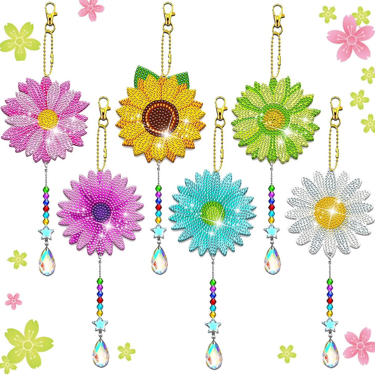 JeCuiK 6 Pcs Daisy Diamonds Painting Wind Chimes Suncatcher Double Sided Flower Rhinestone Painting Wind Chime 5D DIY Crystal Diamond Painting Kits Paint by Number Hanging Ornaments Mom Gifts JeCuiK