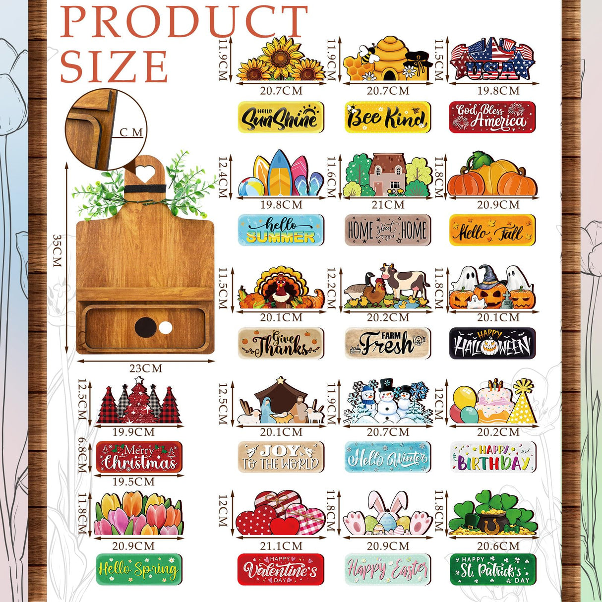 GlikCeil 37 Pcs Interchangeable Seasonal Decor Farmhouse Breadboard Interchangeable Seasonal Tier Tray Decor Holiday Halloween Thanksgiving Christmas Wooden Decoration with Bow for Table Kitchen GlikCeil