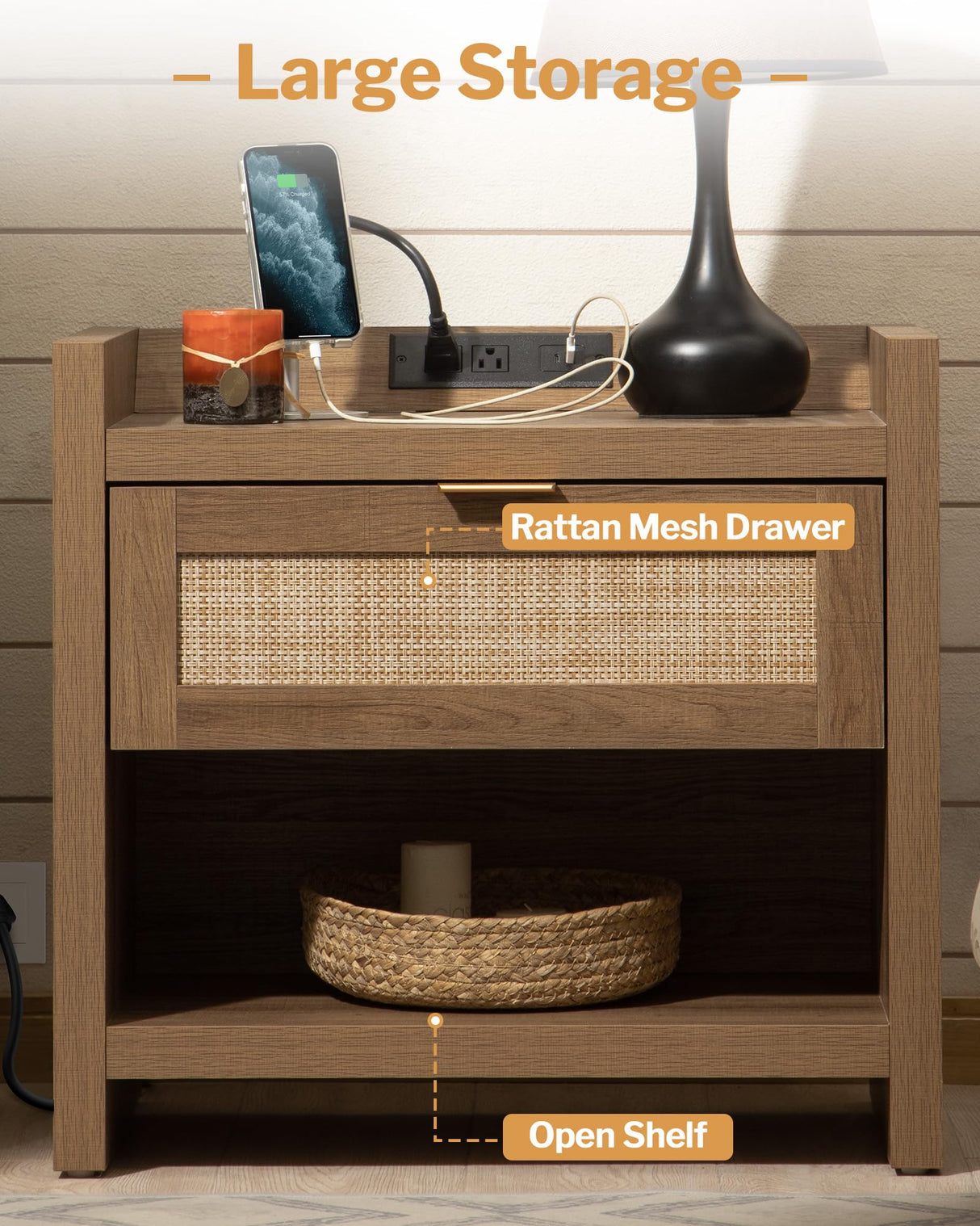 SICOTAS Night Stand Set of 2 Nightstands - Rattan Bed Side Table with Type-C Charging Station, Drawer Storage End Table - Boho Bedside Stand Night Stands for Bedroom - Natural Oak SICOTAS