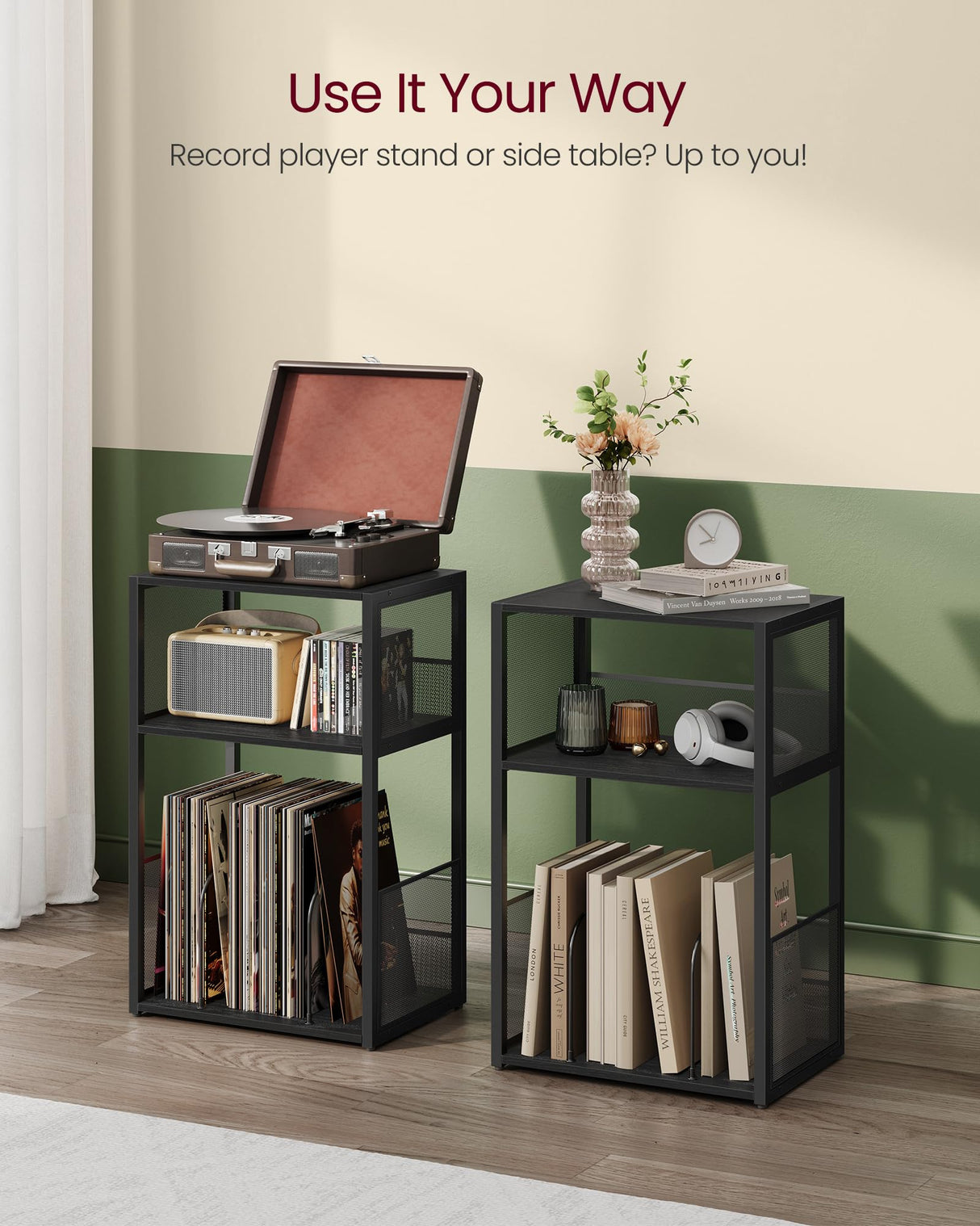 VASAGLE Record Player Stand, 3-Tier Side Table, Vinyl Record Storage up to 100 Albums, End Table for Living Room, Bedroom, Ebony Black ULET275B01 VASAGLE