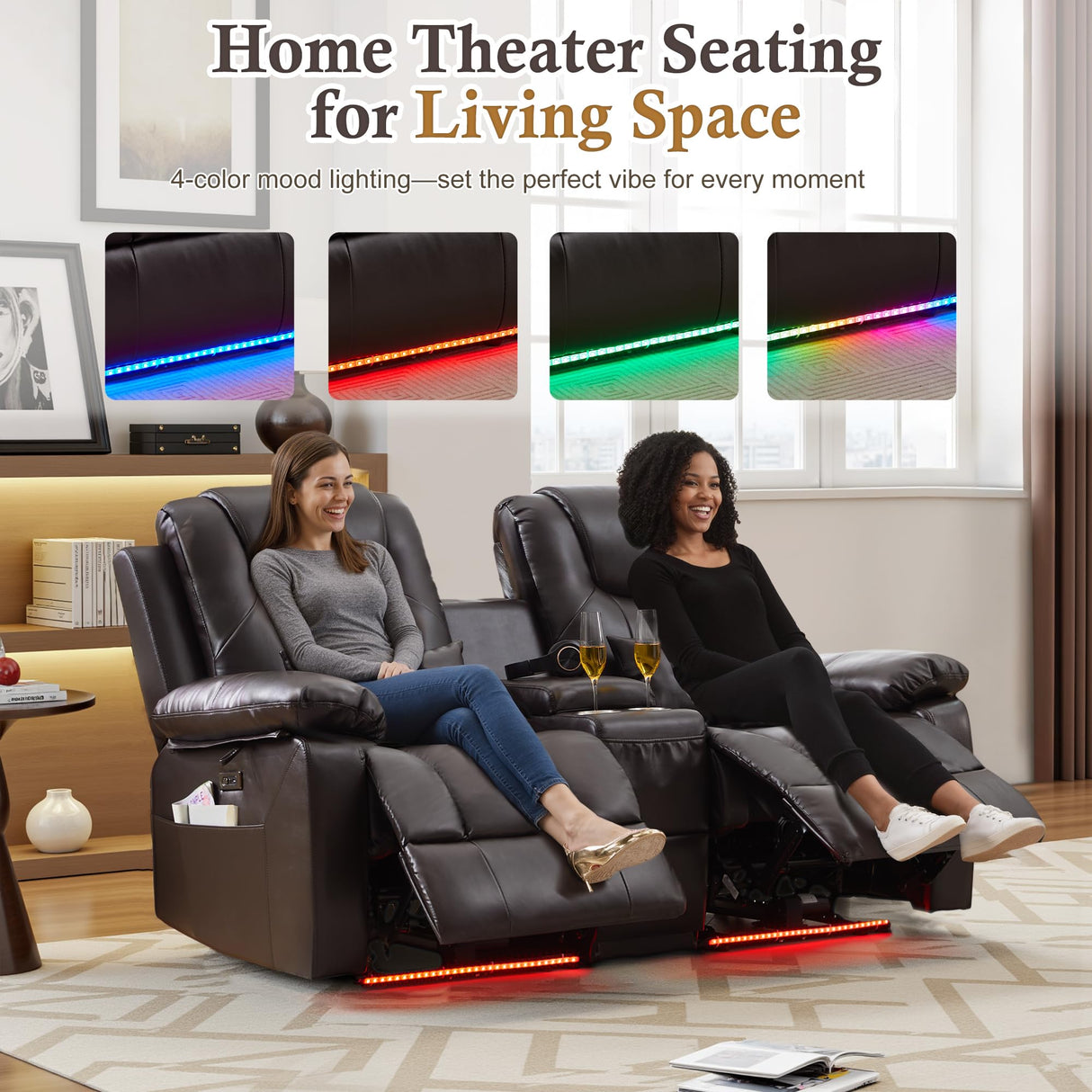 SnyFivv RV Power Loveseat Recliner Sofa, PU Leather Double Wall Hugger Reclining Sofa Home Theater Seating with Console, Cup Holders, LED Lights, 2 Person Couch RV Furniture for Living Room (Brown) SnyFivv