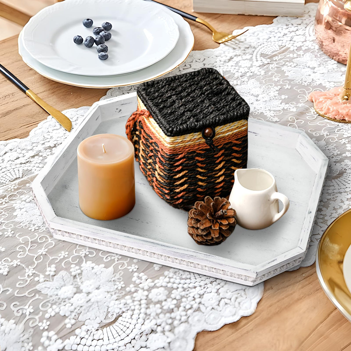 Wooden Decorative Tray, Rustic Serving Tray with Wood Bead, Farmhouse Big Tray for Ottoman, Countertop, Coffee Tabl, 16.5" x 13"x 1.6" (Retro White) CedarLux