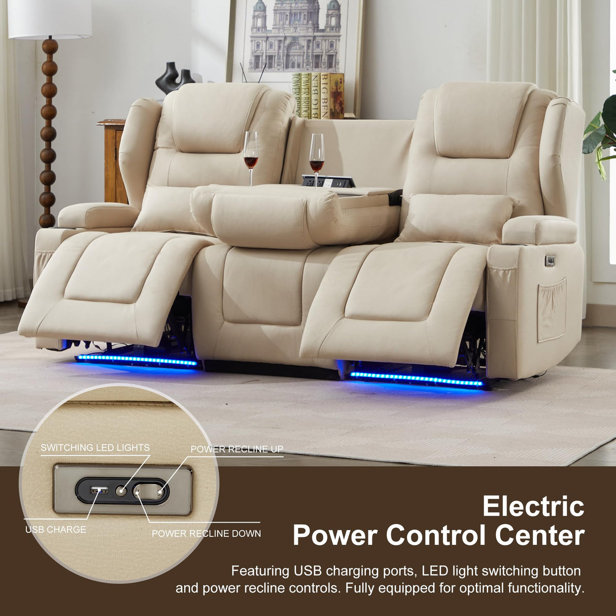 DRMBOOK RV Power Loveseat Recliner Sofa, Leathaire Fabric 3-Seater Wall Hugger Reclining Sofa, Home Theater Seating Chair with Cup Holders, 3 Person Couch RV Furniture for Living Room, Beige DRMBOOK