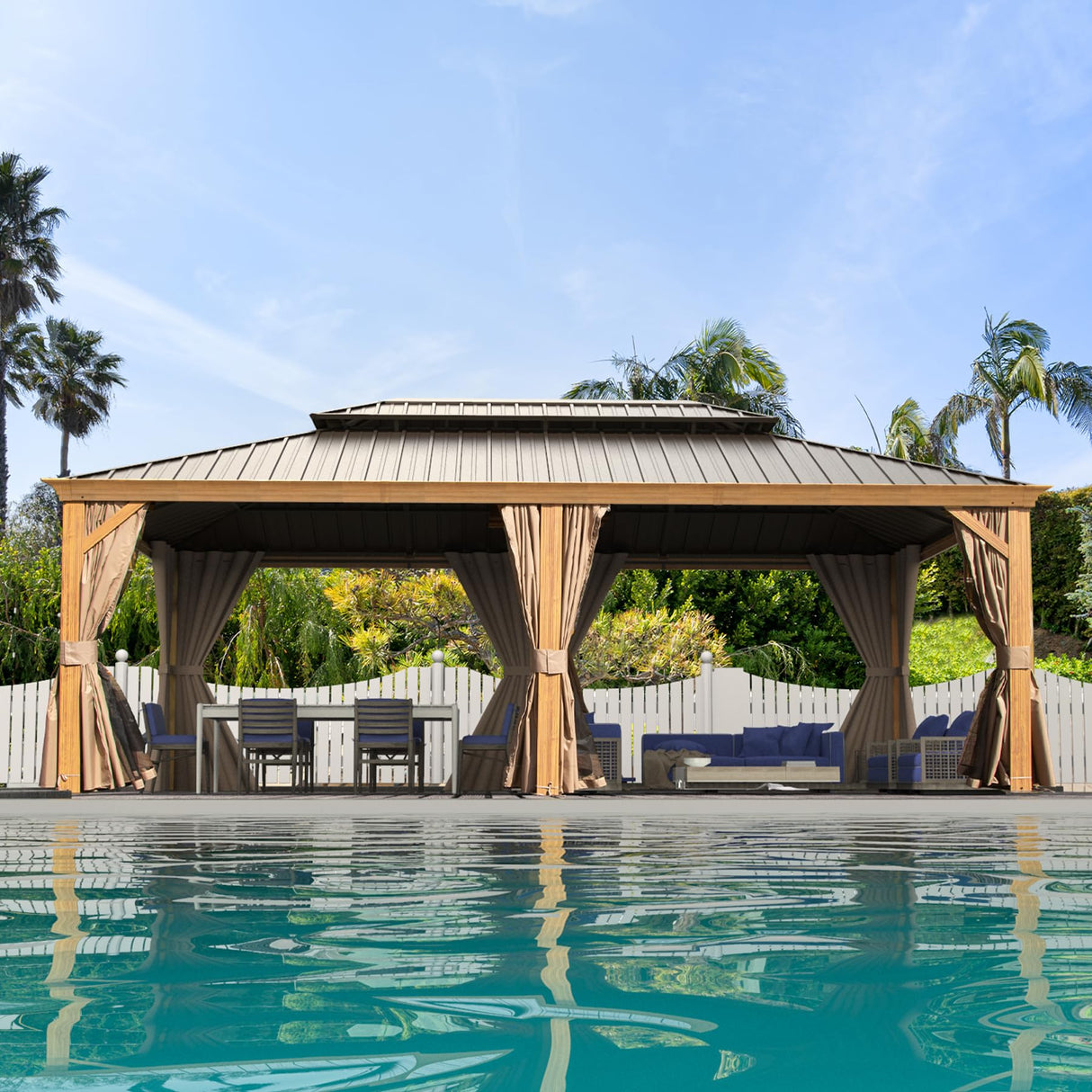 Domi 14'x24' Hardtop Gazebo Canopy,Outdoor Aluminum Gazebo with Galvanized Steel Double Roof, Extra Large Permanent Gazebo Pavilion for Patio Deck Backyard,Curtain and Netting,Wood Grain domi outdoor living