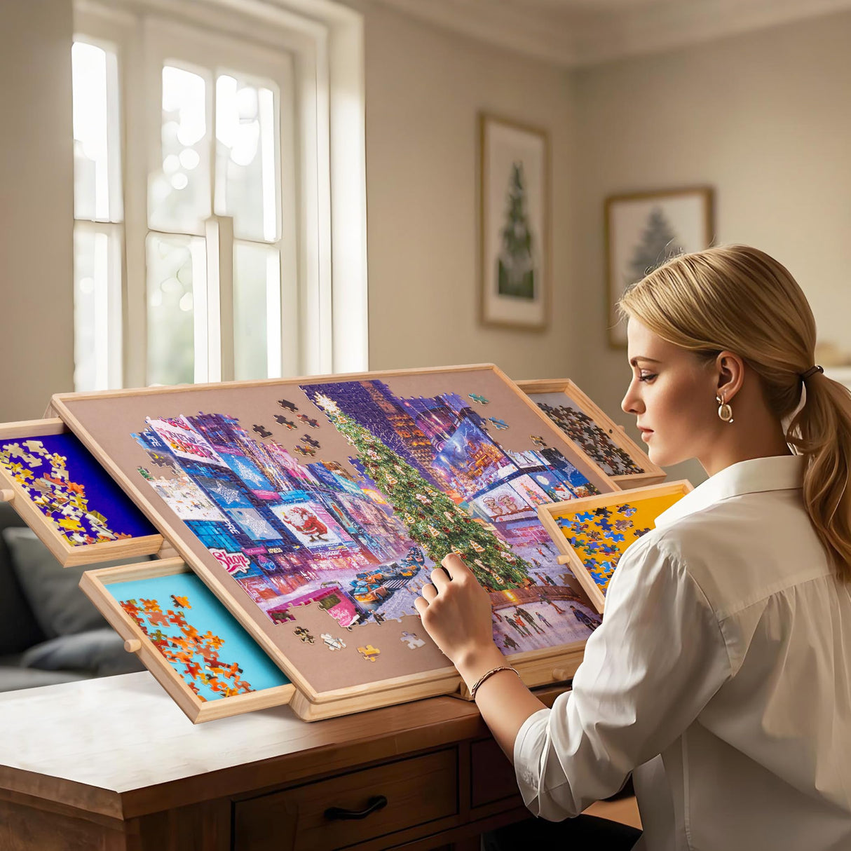 Tektalk Jigsaw Puzzle Table with Integrated Adjustable Stand/Bracket and Removable Cover, 3-Tilting-Angle Wooden Plateau Portable Puzzle Board with 4 Sorting Drawers, for Up to 1000 Pieces Tektalk