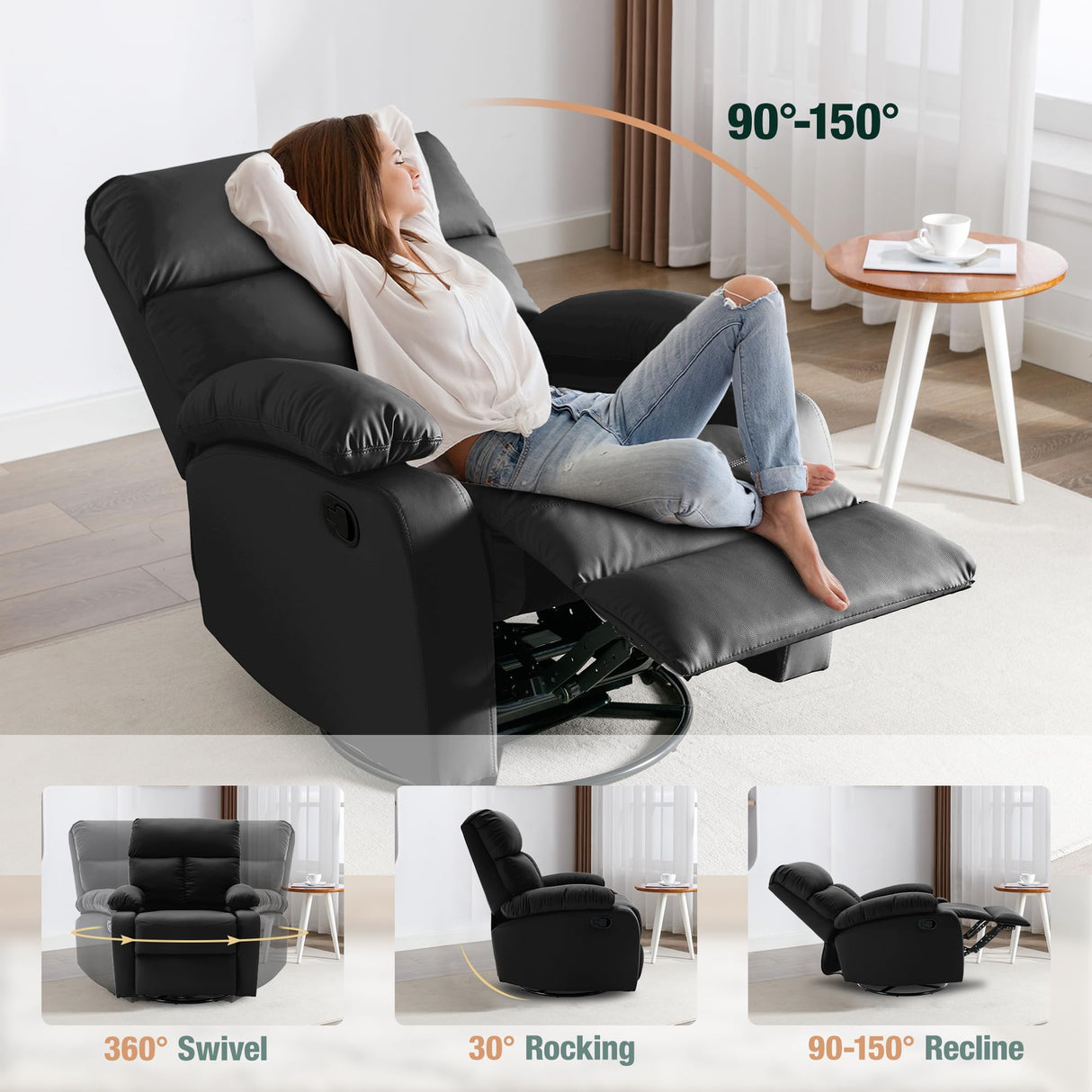hzlagm Swivel Rocker Recliner, Rocking Recliners Chair for Small Spaces, Small Rocker Recliner Chair, Nursery Rocking Chairs for Living Room, RV, Nursery, Black hzlagm