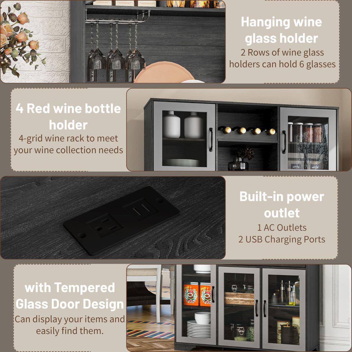 Fatmok Coffee Bar Cabinet, 71" Tall Liquor Wine Cabinet with Power Outlet & LED Lights, Glass Doors, Kitchen Pantry Cabinet with Storage Hutch, Adjustable Shelves, Drawer & Wine Rack for Dining Room Fatmok