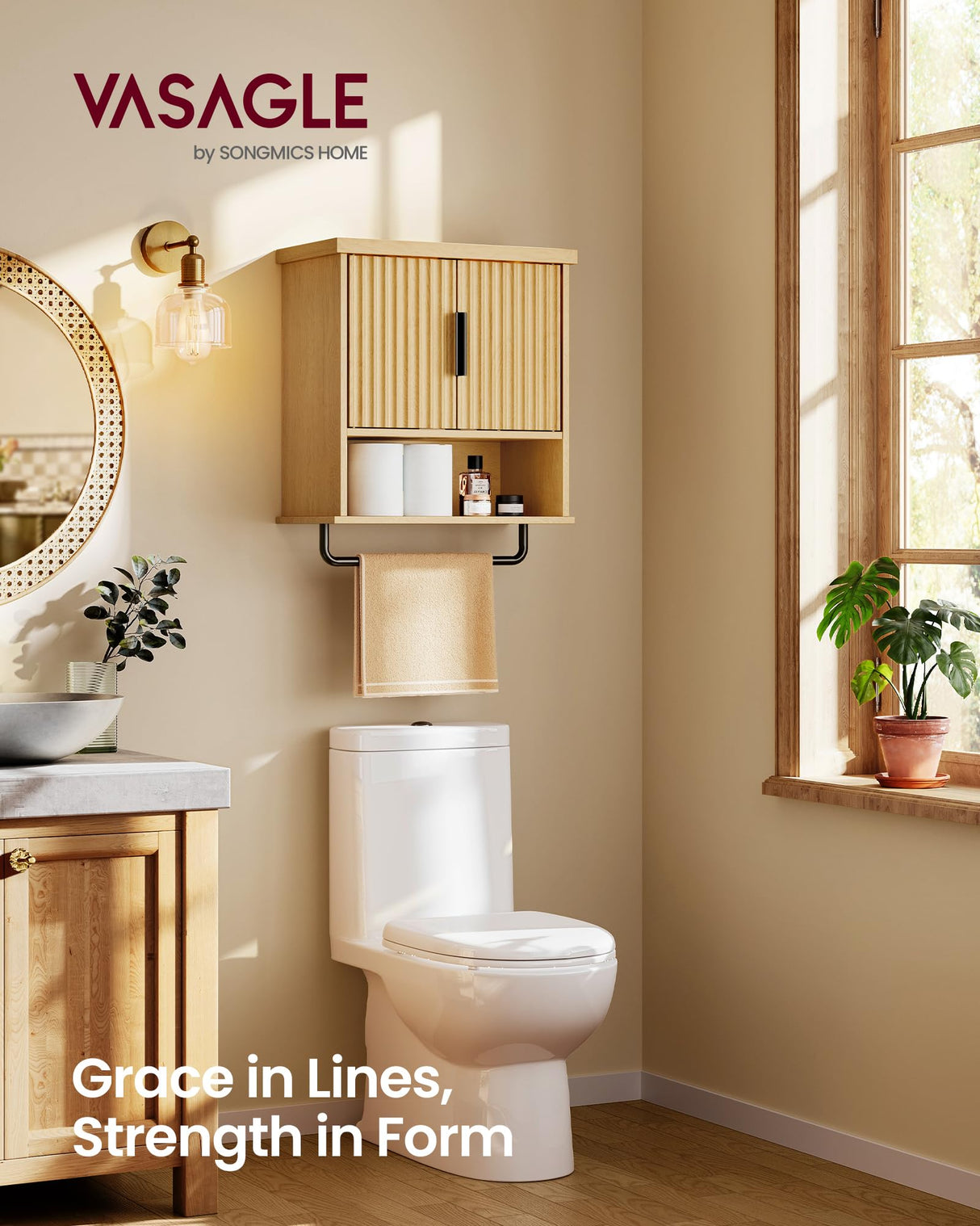 VASAGLE MAXE Collection - Bathroom Cabinet Wall Mounted, Over Toilet Hanging Cabinet with Adjustable Shelf, Towel Bar, Fluted Doors, 7.9 x 17.7 x 24 Inches, Transitional, Oak Beige UBBK137Y01S VASAGLE