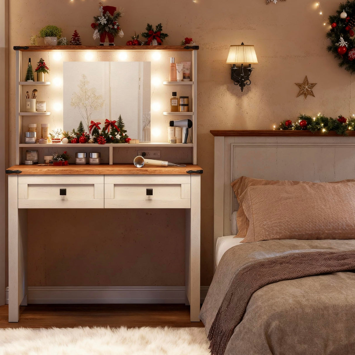 EnHomee Small Vanity Desk with Mirror and Lights, Makeup Vanity Table with 2 Drawers, White Vanity Dressing Table with Charging Staion for Bedroom, Dressing Room EnHomee