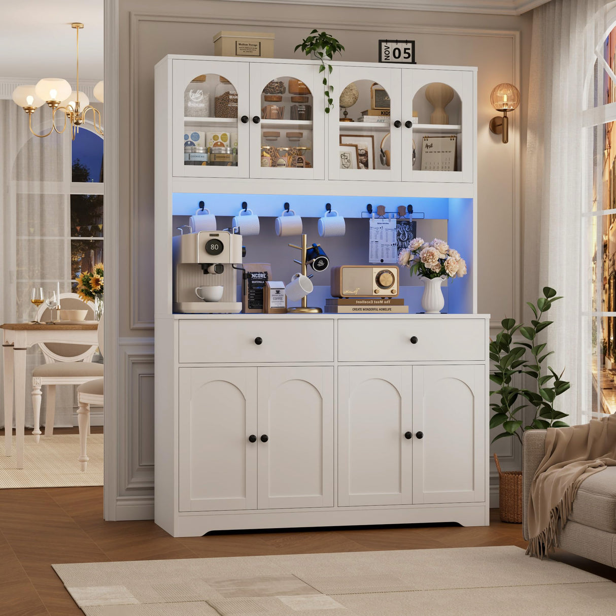 HIFIT 71" LED Kitchen Pantry Cabinet with Power Outlet, Large Kitchen Hutch Storage Cabinet with Arched Door & Shelves & 2 Drawers, Tall Modern Coffee Bar with Hutch for Home Dining Living Room, White HIFIT