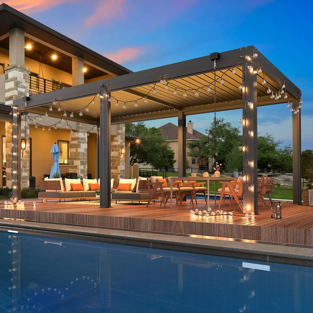 YOLENY 10x20ft Louvered Pergola, Outdoor Pergola with Adjustable Rainproof Roof, Aluminum Gazebo with 6 Panels Pull-Down Screen for Patio, Lawn, Garden, Backyard, Deck, Dark Gray YOLENY