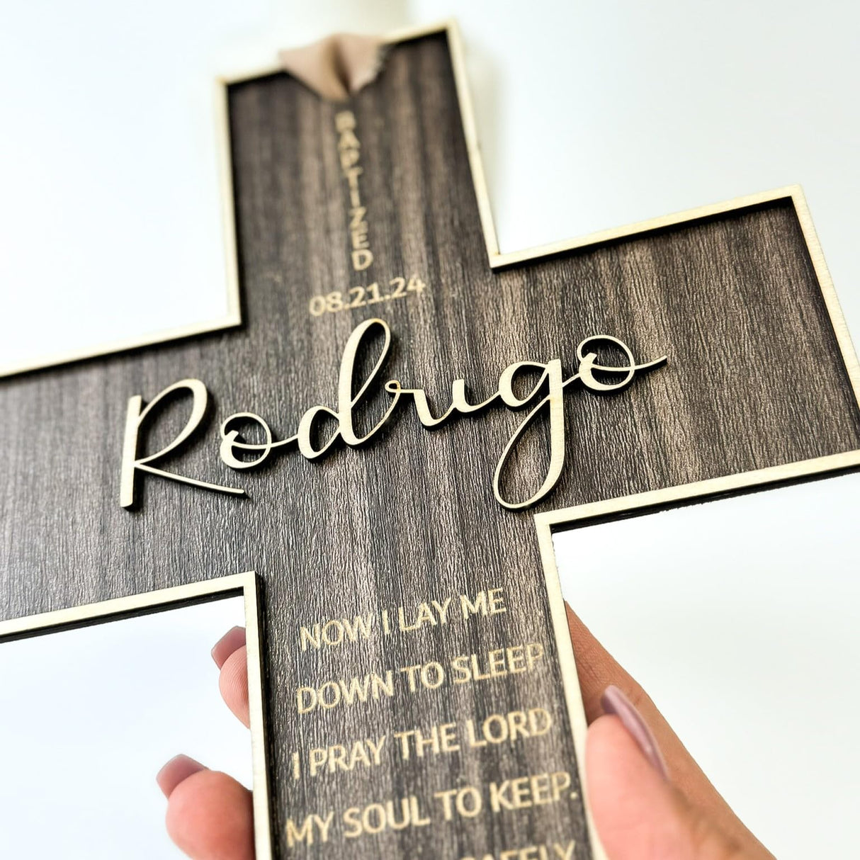 Personalized Engraved Wooden Cross, Christian WoodCcross for Baptism, Holy Communion, Confirmation or Newborn Gift Keepsake with Custom Name and Date with Message LIGHTIT STUDIO