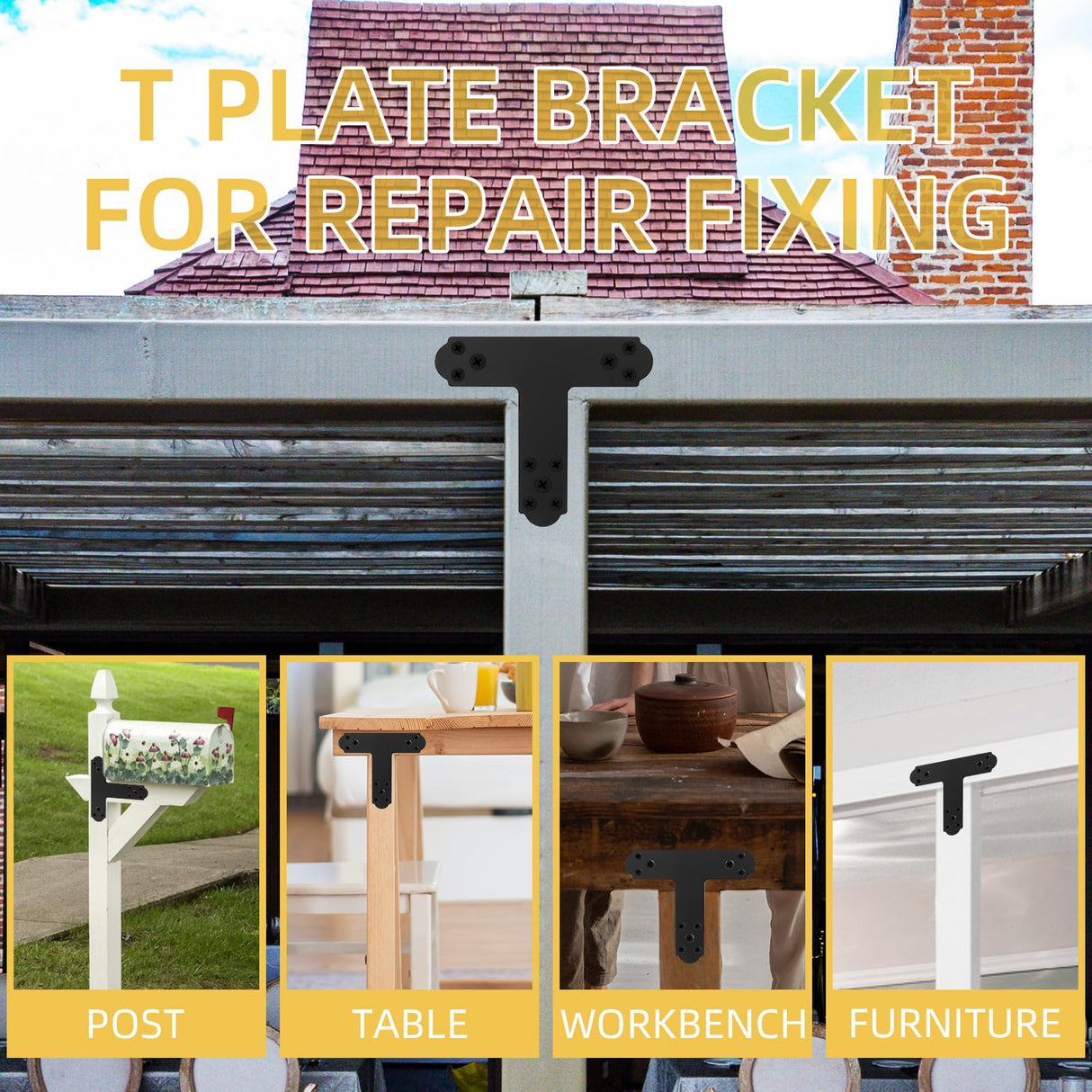 Rasugarlary Black T Bracket, 6 pcs T Post Brackets Pergola Post to Beam Connectors 4mm Thickness for Wood, Steel Repair Fixing Mending T Plate Bracket Flat Connector with Screws Rasugarlary