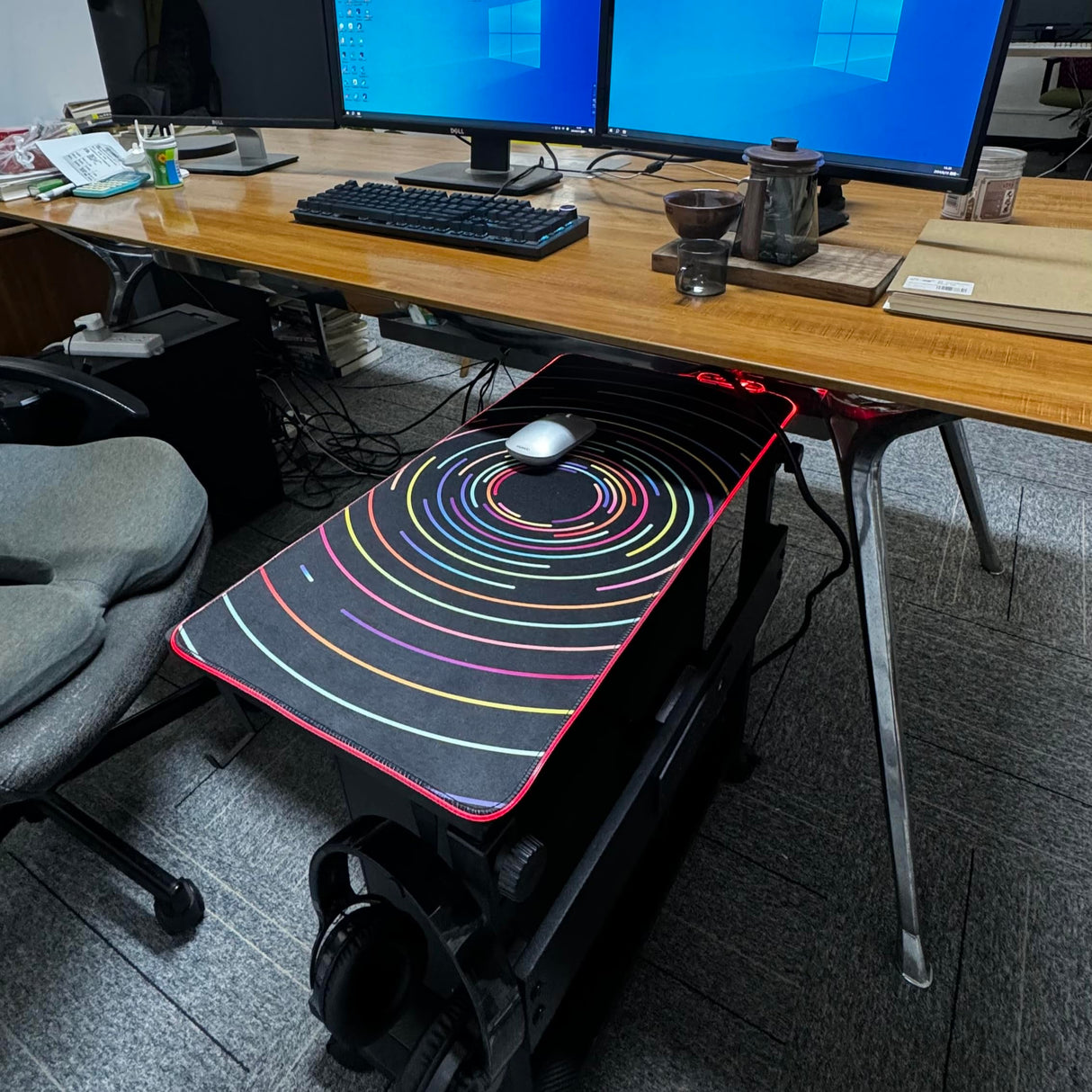 IRONKOM Adjustable Computer Tower Stand, 2-Tier ATX-Case CPU Holder Cart, Underdesk Mobile PC Standing Table, Gaming Accessories w Wheels & Mouse Pad w/Light, carben Fiber Finish, with sockets,Hooks IRONKOM