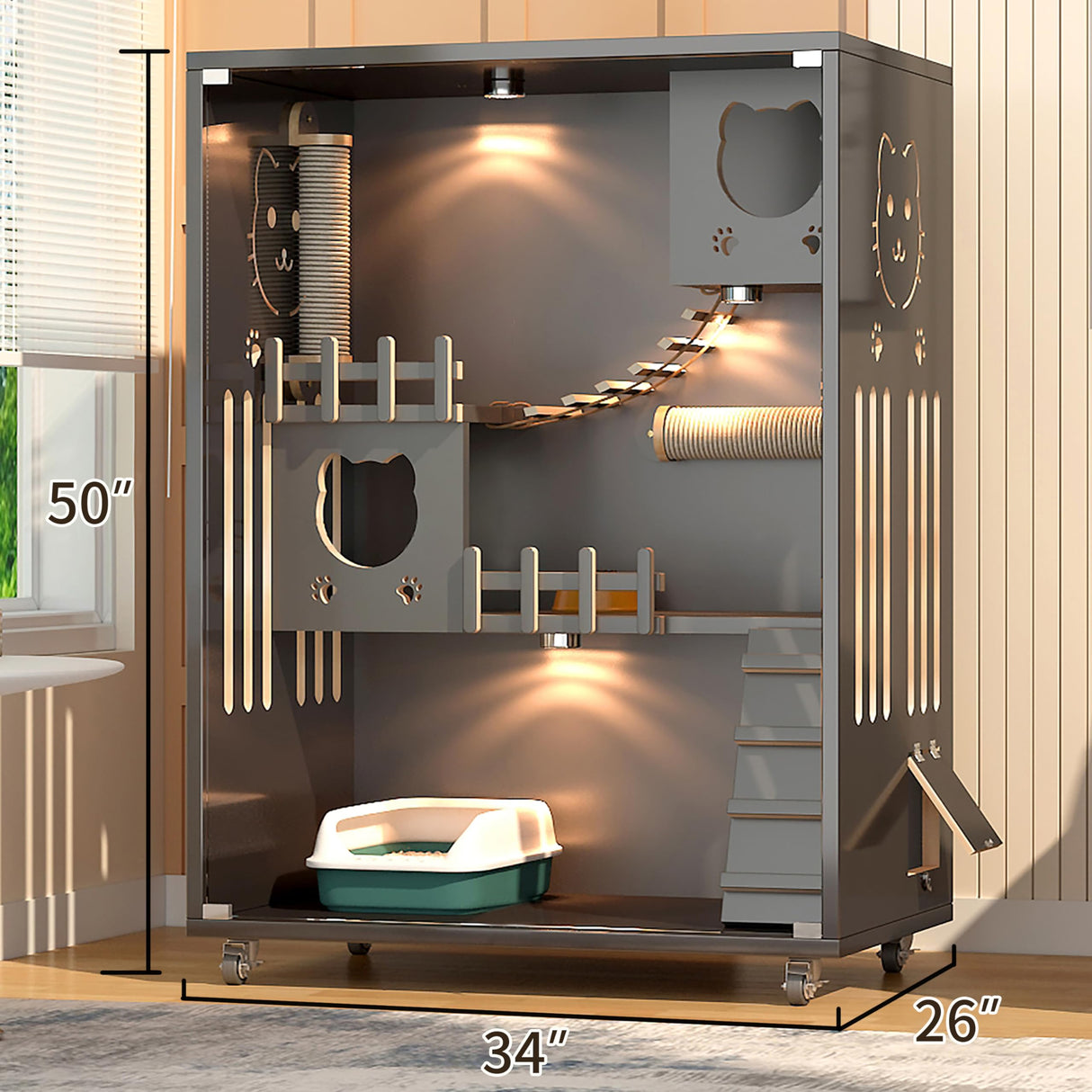 Large Indoor Cat Enclosure, Wooden Large Cat Villa, Indoor/Outdoor Cat Enclosure with Wheels, Multi-Feature Enclosed Cat Houses for Indoor Cats Ventilation Glass Doors, 50" X 36" X 24" HUATOL
