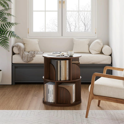 YOWOS Rotating Bookshelf, Small Corner Bookshelf for Small Space, 360 Display Floor Standing Bookcase Storage Rack, Wood Narrow Book Shelf Organizer for Bedroom, Living Room (Walnut, 2 Tiers)