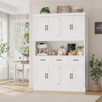 HITHOS 76" Tall Kitchen Pantry Storage Cabinet, 55“ Wide Kitchen Hutch Cabinet with Storage Drawers, Large Food Pantry with Microwave Stand, Modern Cupboard with Hutch for Dining Living Room, White
