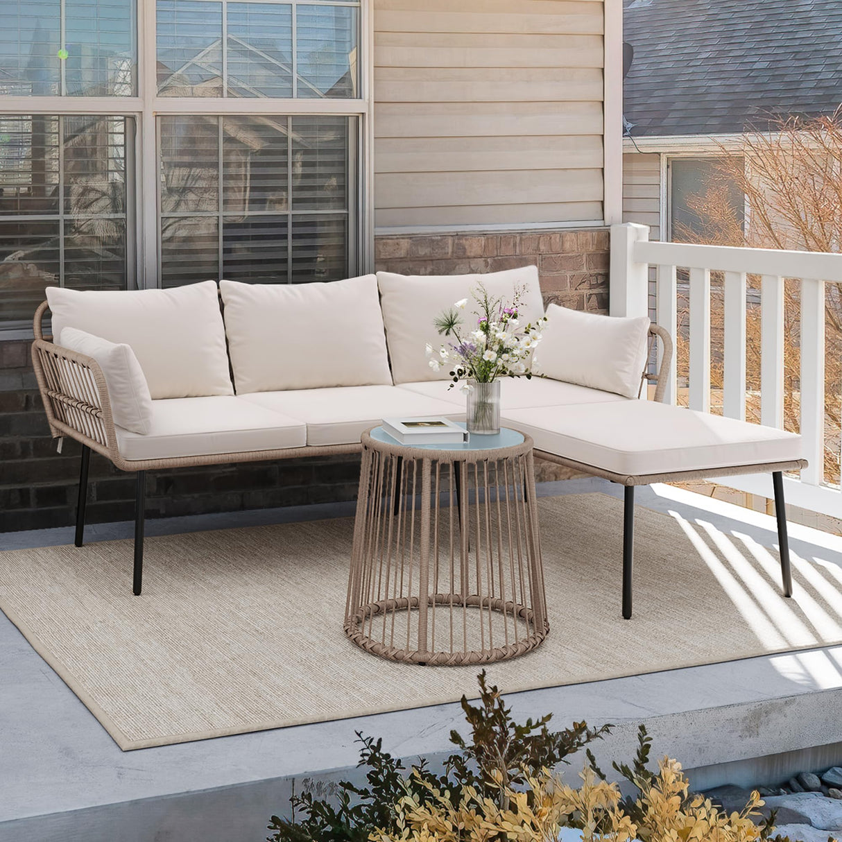 YITAHOME 3 Piece Patio Furniture Set Wicker Patio Sectional with Detachable Cushions and Coffee Table Outdoor Furniture Set L-Shaped Sectional Conversation Sofa Set for Backyard Porch Balcony - Beige YITAHOME