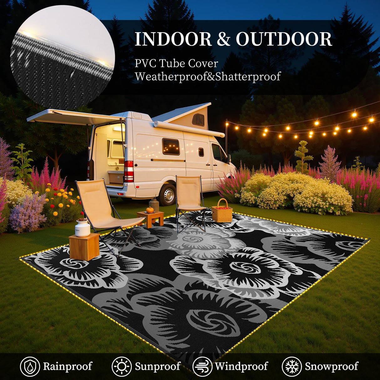 MontVoo Outdoor Rug with Led String Strip Lights 6x9ft Waterproof Outdoor Patio Rug Mat Reversible Plastic Straw Rug Outside Outdoor Rug for RV Camping Picnic Balcony Backyard Fairy Outdoor Decor MontVoo