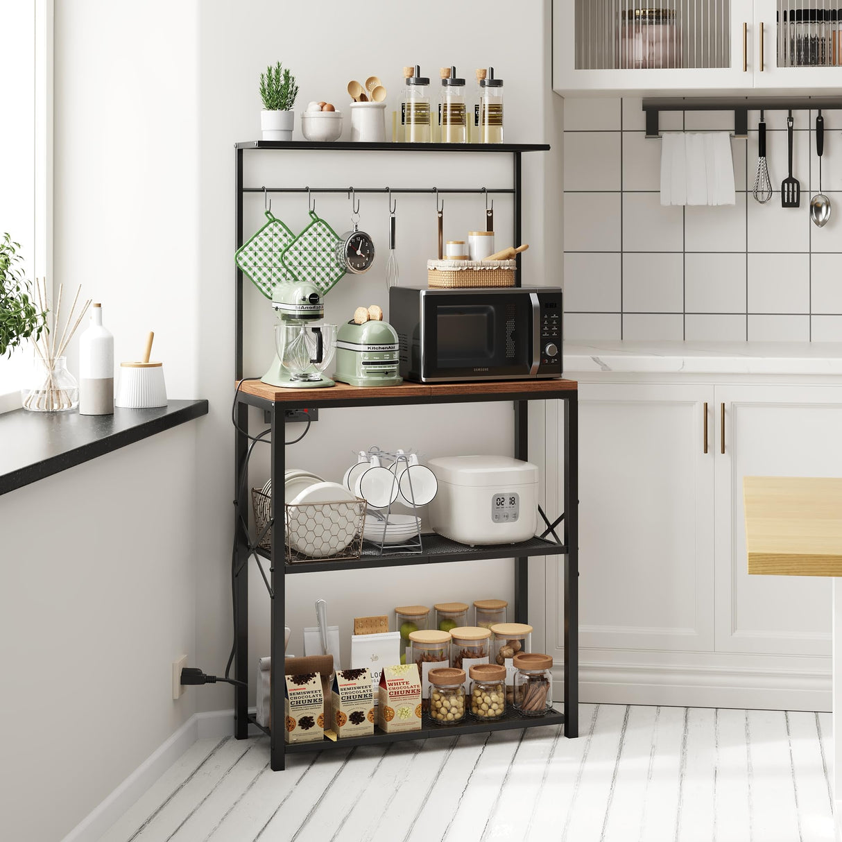 Txecpro kitchen Bakers Rack with Power Outlet, Coffee Bar Table 4 Tiers, Microwave Stand with 6 S-shaped Hooks, Kitchen Storage Shelf Rack for Spices, Pots and Pans,25.6" L x 12" W x 53.5" H Txecpro