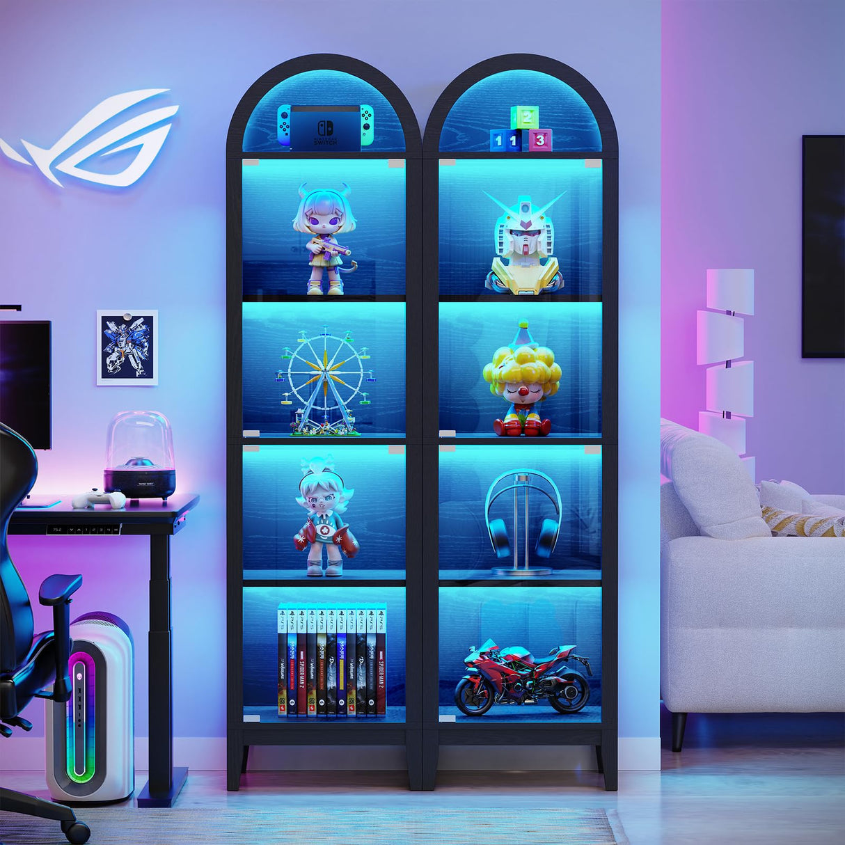 BROTTAR 71" Tall Arched Display Cabinet with Glass Doors, 5-Tier Curio Cabinet with LED Lights for Collectibles, Books, Showcase Glass Display Case with Human Body Sensor for Living Room, Black BROTTAR