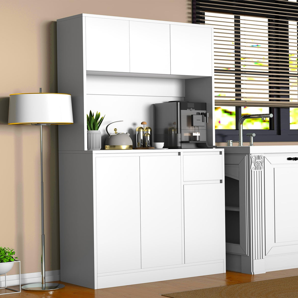 holzart 71" Tall White Kitchen Pantry Cabinet, Kitchen Pantry Storage Cabinet with Power Outlet, Freestanding Kitchen Hutch with countertop holzart