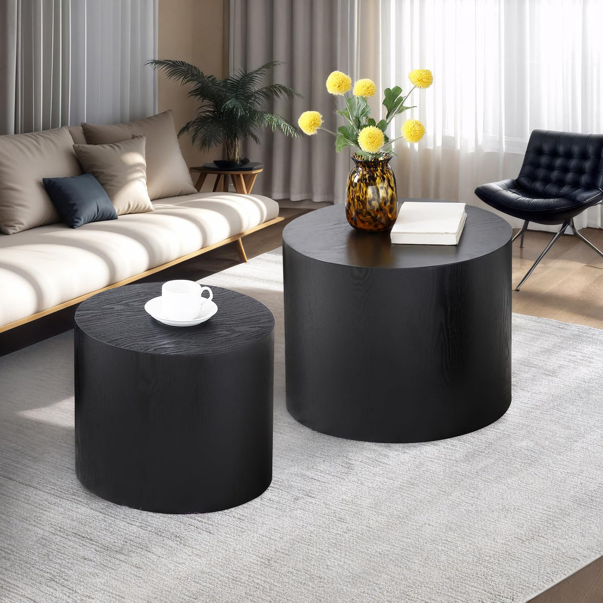 Nesting Coffee Table Set of 2, Modern Round Coffee Table with Non-Slip Feet, Wooden Circle Side Table and Accent Furniture for Bedroom Balcony Lounge Home Office, No Assembling, Black ivoros