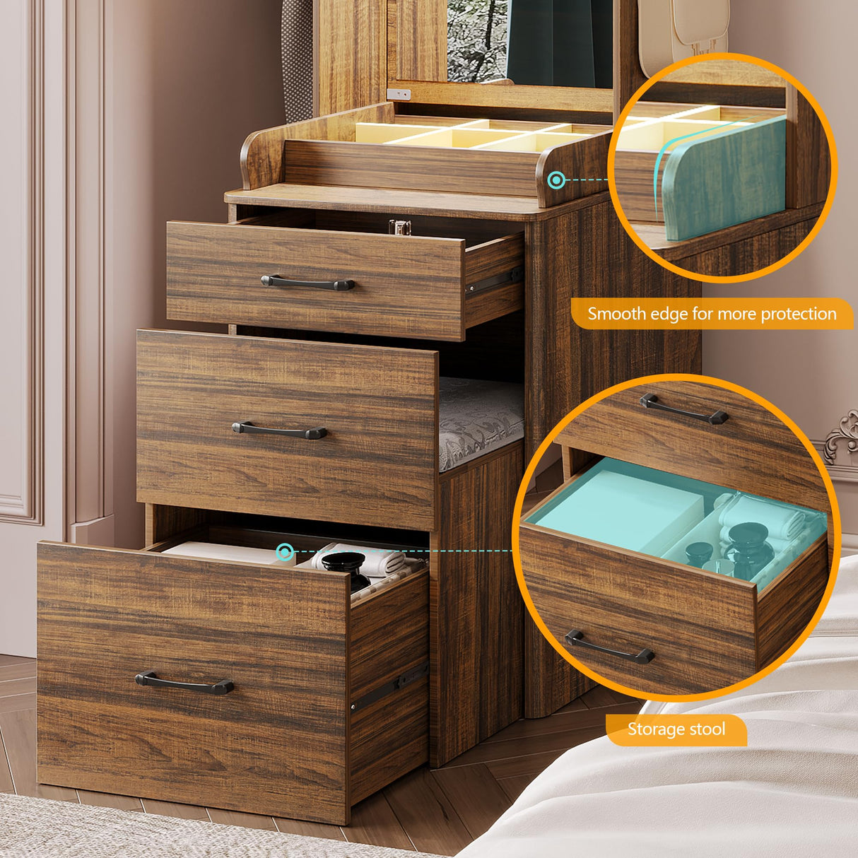 Vlsrka 70" H Vanity Desk with Mirror and Lights, Vanity Set with Hidden Stool, Drawers, Power Outlet, Makeup Dressing Table for Small Spaces, Brown Vlsrka