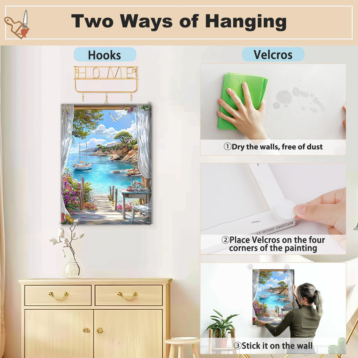 EOBROMD Framed Paint by Numbers Kits for Adults Seaview, DIY Landscape Acrylic Paint by Number on Stretched Canvas, Painting Kits Adults Oil Paint by Numbers for Home Decor 12x16inch EOBROMD