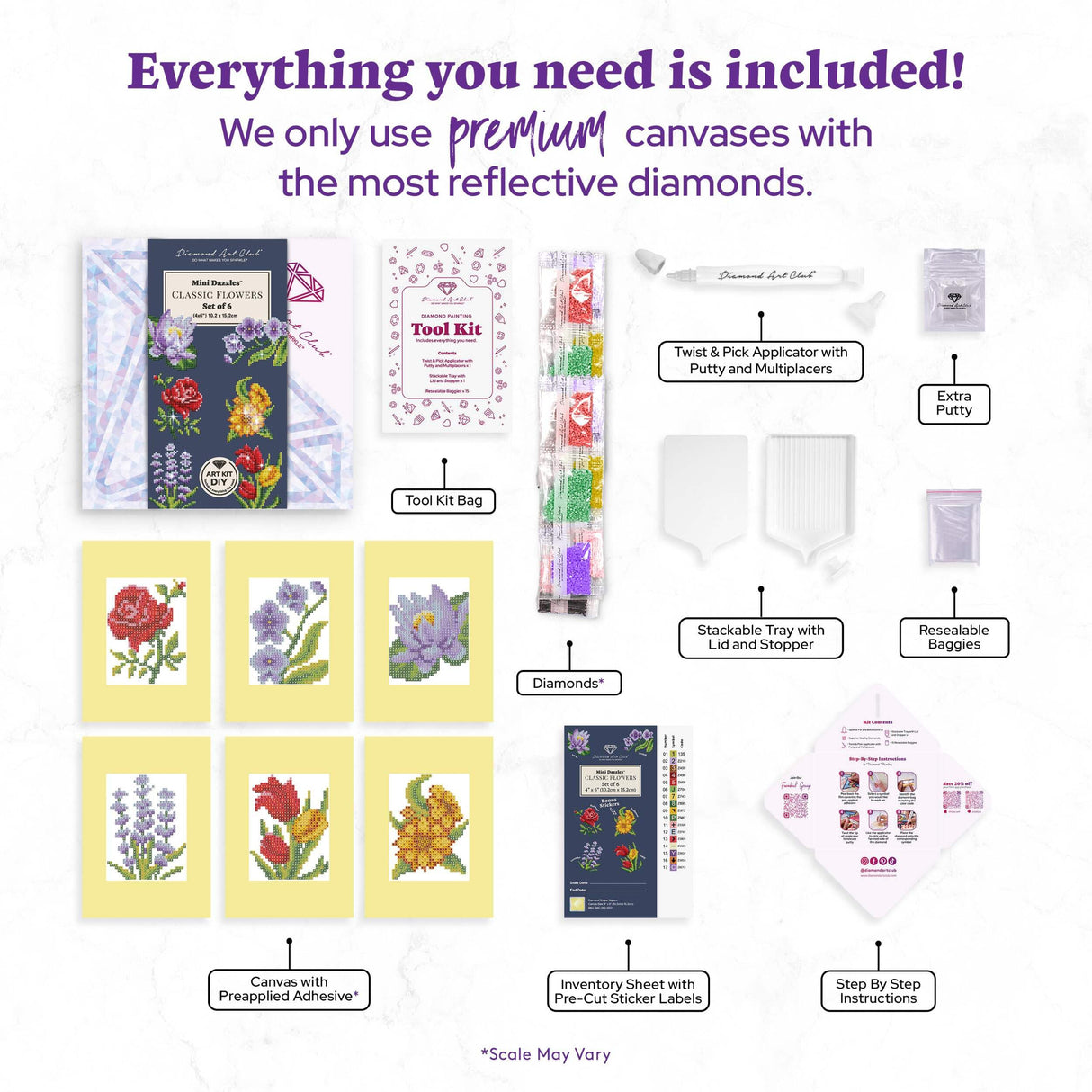 DIAMOND ART CLUB Classic Flower Mini Dazzles, Fun DIY Diamond Painting Kit for Adults, Diamond Art Canvas for Beginners, 4" x 6" (Pack of 6) DIAMOND ART CLUB