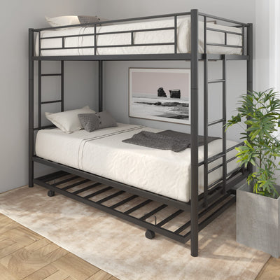 HomJoones Metal Bunk Bed with Trundle,Twin Over Twin Bunk Bed Frame with Ladder and Safety Rails for Triple Metal Bunk Can be Divided into Two beds (Black)