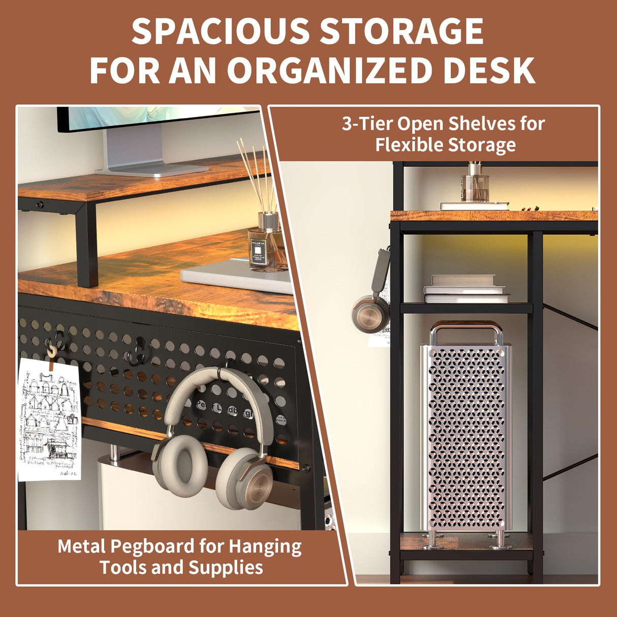 OtterOasis 66" L Shaped Desk with Wood Drawers, 113" 2 Person Desk with Printer Stand, Large Reversible L Shape Gaming Desk with Power Outlet, Brown Computer Desk with Power Outlet for Home Office OtterOasis