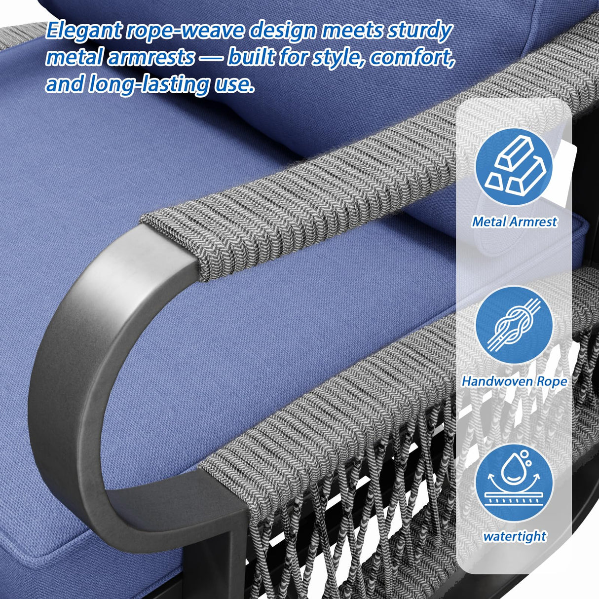 Xmkmvk 5 Piece Patio Furniture Set with 50000 BTU Propane Fire Pit Table, All-Weather Outdoor Conversation Set with 2 Swivel Chairs, Sofa and Thick Cushions for Garden, Porch, Lawn, Blue Xmkmvk