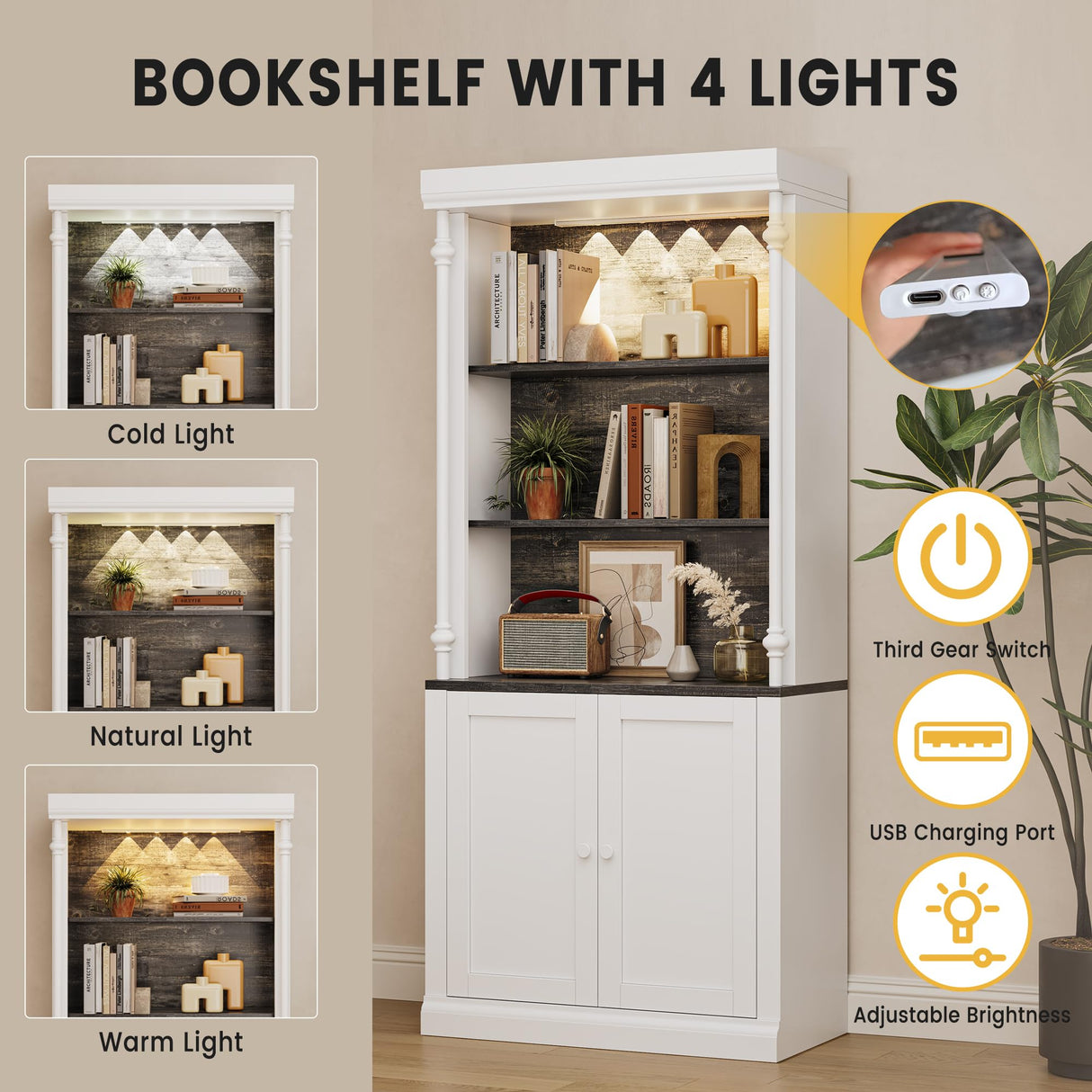 IDEALHOUSE White Bookshelf with Storage Cabinet, 5-Tier Display Cabinet with Light & Doors, Freestanding Display Case for Collectibles Bedroom Living Room Office, White IDEALHOUSE