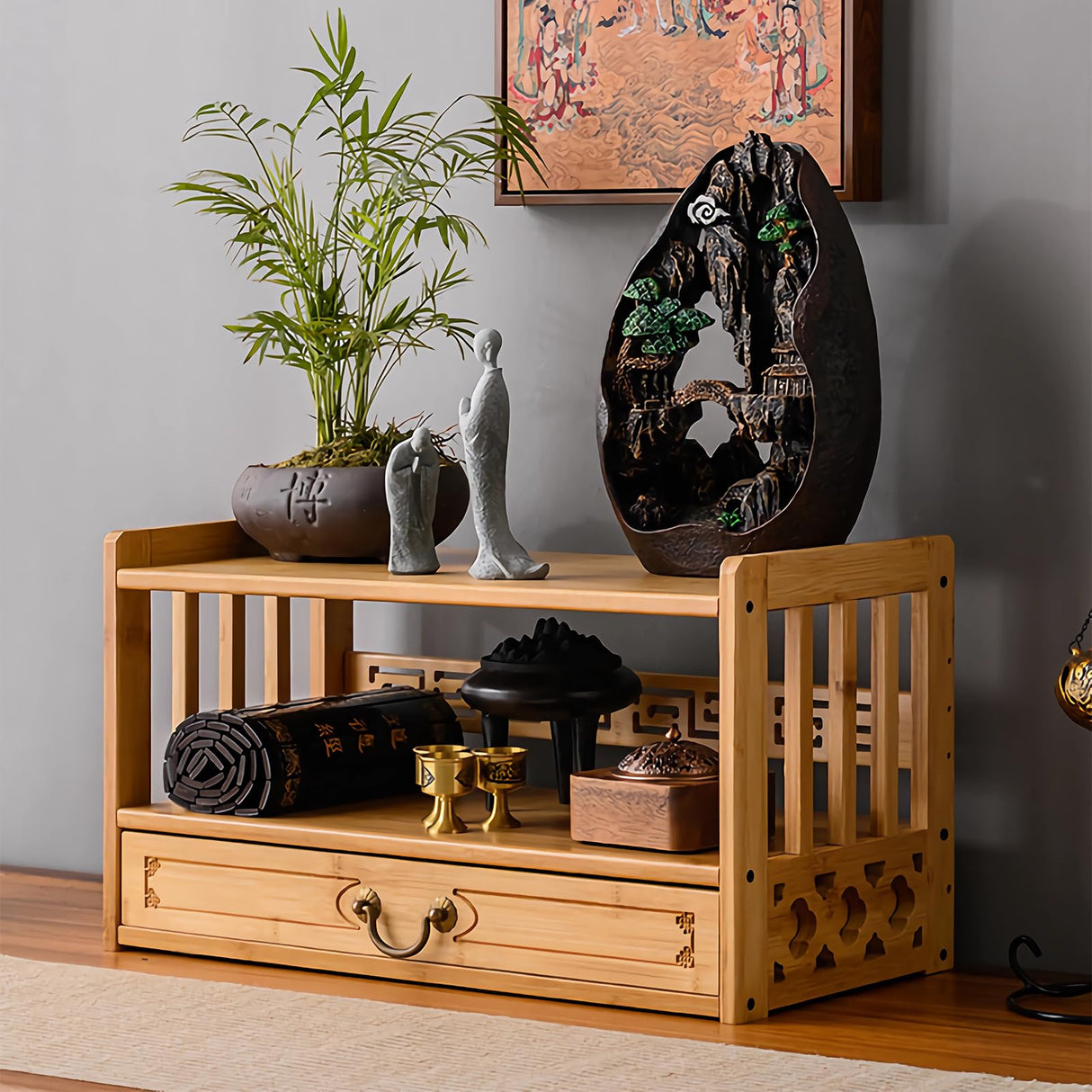 BIRDFBA 2-Tier Meditation Altar Table with Drawers 100% Bamboo Coffee Table Green BIRDFBA