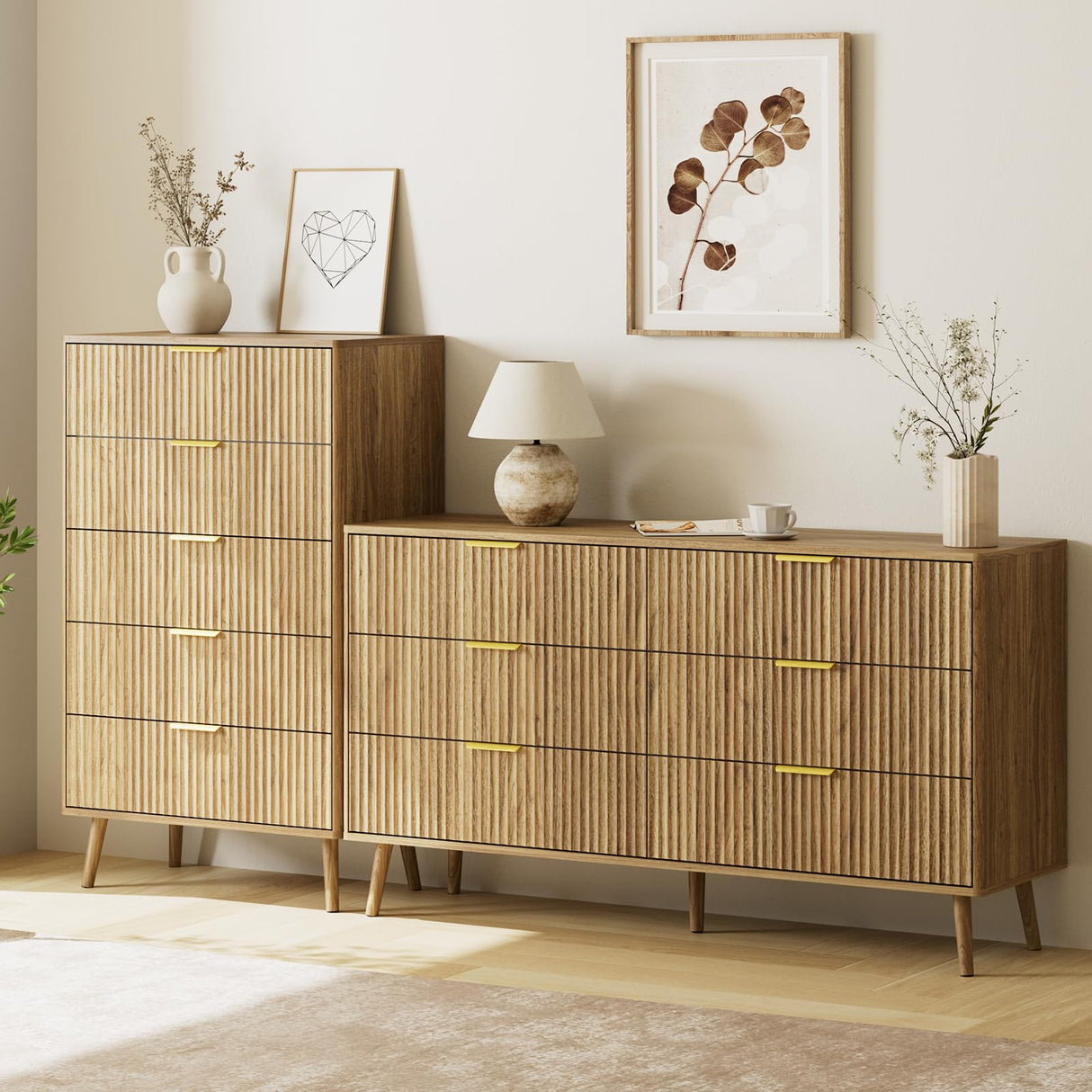 LYNSOM Fluted 5 Drawers Dresser, 45" Tall Modern Chest of Drawers with Metal Handle and Curved Profile Design, Wood Drawer Organizer for Bedroom, Living Room, Hallway, Entryway, Natural Oak LYNSOM