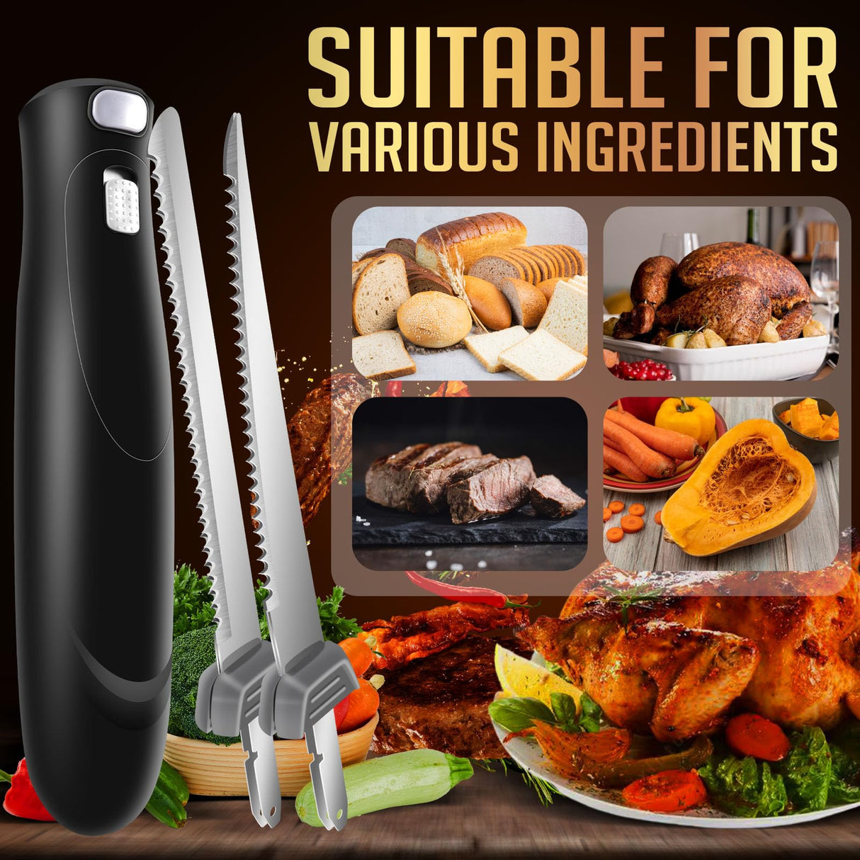Cordless Rechargeable Electric Knife Easy Slice and Assemble with Storage Case, Wireless Serrated Edge Blades Slicer Set with Ergonomic Handle and Safety Lock for Turkey, Meat, Sourdough, Ribs, Fillet and Foam Royalsellpro