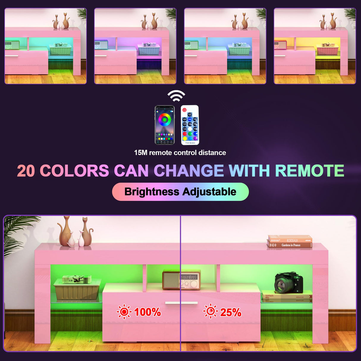 Clikuutory Pink LED TV Stand with Large Storage Drawer for 32 40 50 55 Inch TVs, Modern High Gloss TV Console Table with Entertainment Center for Living Room, Bedroom, Pink Clikuutory