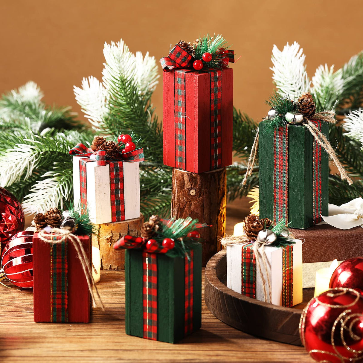 BBTO 6 Pcs Christmas Wooden Gifts Box Decor Christmas Table Decor Table Centerpieces with Buffalo Plaid Bowknot Faux Present Wooden Blocks Rustic Wooden Gifts Tiered Tray Decor for Xmas Party Decor BBTO