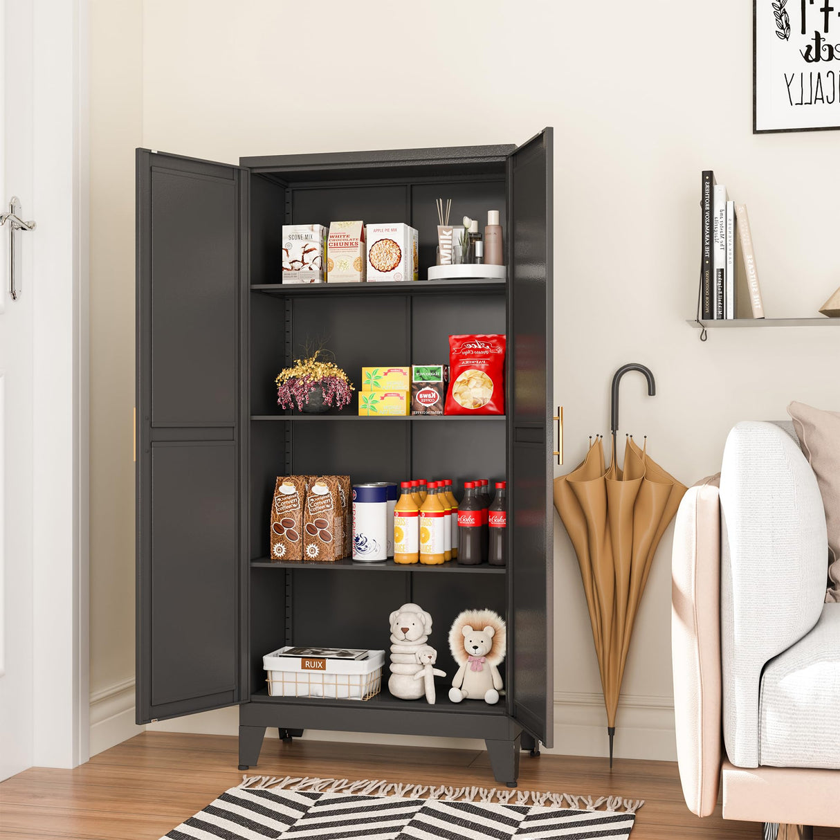 erosoei Metal Pantry Storage Cabinet, Kitchen Storage Cabinets with Adjustable Feet and Shelves, Pantry Cabinet for Kitchen, Living Room, Laundry Room and Dinning Room erosoei
