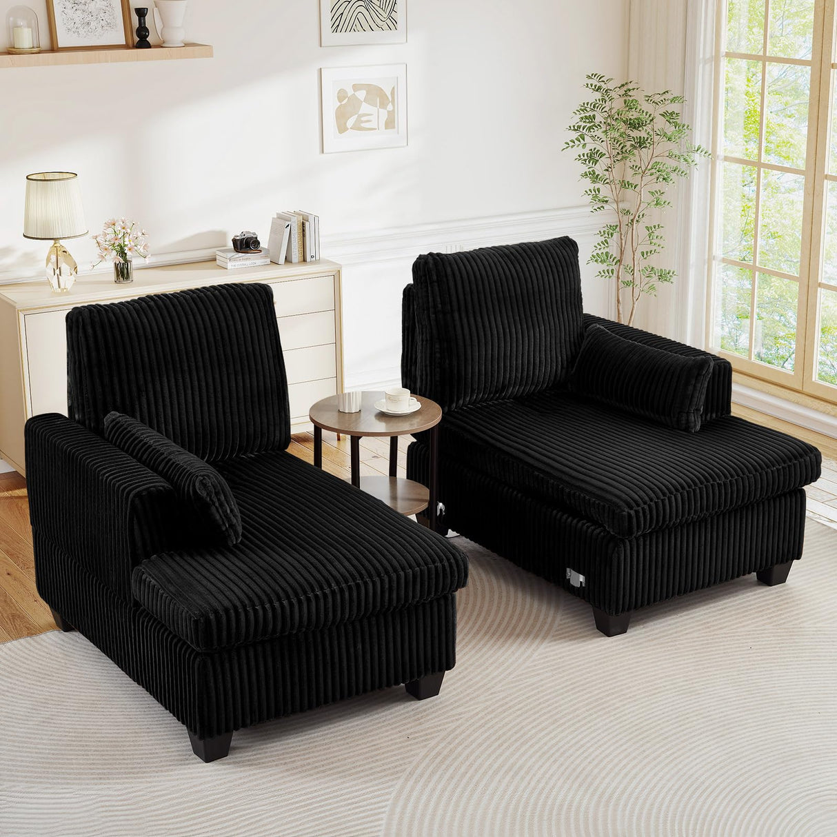 JEEOHEY Double Chaise Lounge Chair Indoor, 61" W Corduroy Small Loveseat Couch with Adjustable Backrest, Modern Comfy Couch, Deep Seat Sofa, Leisure Sleeper Sofa Bed for Living Room,Bedroom(Black) JEEOHEY