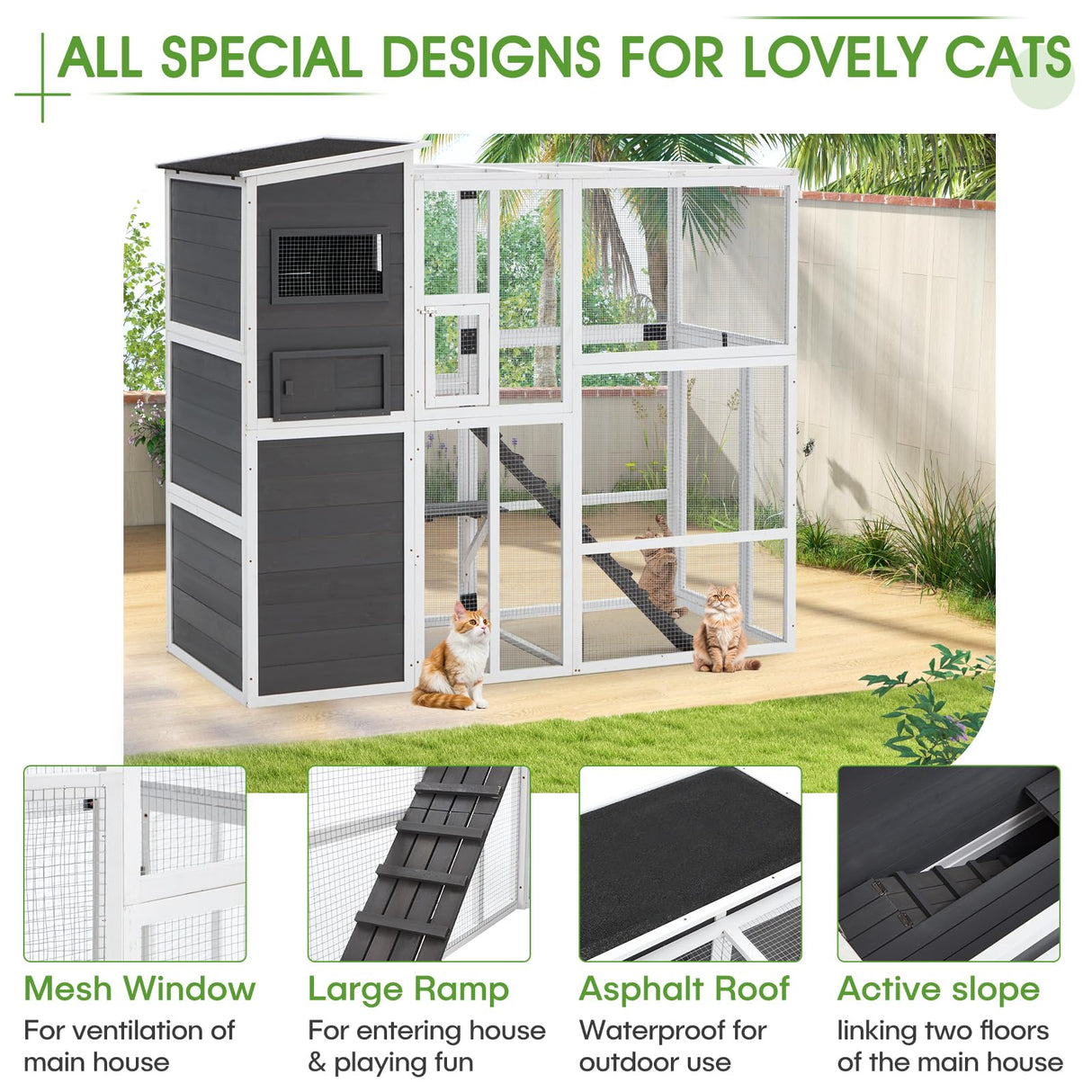YODOLLA Wooden Cat House,Large Space Cat Cage,Large Outdoor/Indoor Catio Enclosures,Wooden Cat House Weatherproof with Multi Platforms, Indoor Interoperability,Jump Platform Grey YODOLLA